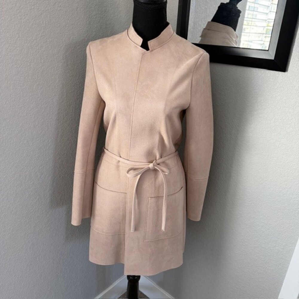 H&M Blush Pink Faux Suede Belted Jacket Coat Sz 6 - Picture 4 of 14